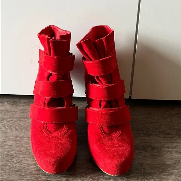 Tabitha Simons Women's Red Suede Wedge Booties with Strap Details - Picture 2 of 3